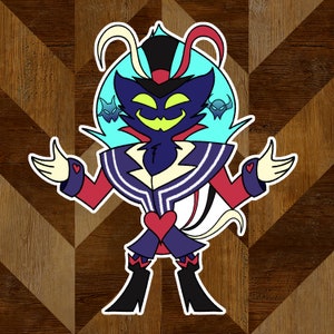 May include: A cartoon character with a black and purple suit, red and white accents, and a top hat. The character has a mischievous grin and is wearing a blue and white striped shirt. The character has a white tail and two horns on the side of its head.