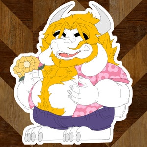 Puede incluir: Una ilustración de dibujos animados de una criatura peluda blanca y amarilla que lleva una camisa de flores rosa y blanca y pantalones morados. La criatura sostiene una flor amarilla en su mano derecha y tiene una expresión amistosa en su rostro.