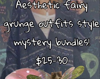 May include: A person wearing blue jeans and a black sweater with white text that reads "Aesthetic fairy grunge outfits style mystery bundles! £25-30". A cat with fairy wings is sitting on a pink mushroom.