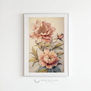 Vintage Peonies Painting | Living Room Decor | Botanical | Pink and Green | PRINTABLE Digital Wall Art | TE001