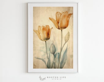 Vintage Tulips Portrait | Antique Wall Art | Yellow Tulips Art | Digital Print | Room Art Print | Printable Tulip Art | TE008