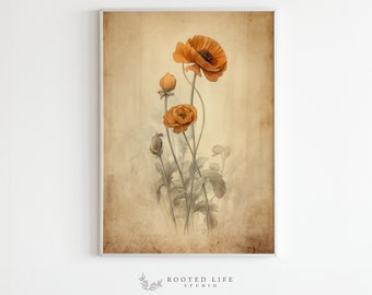 Ranunculus Wall Art | Antique Wall Art | Home Decor | Bedroom Wall Art | Botanical Flower Painting | PRINTABLE Digital Wall Art | TE012