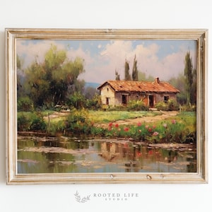 Farmhouse by the Lake Oil Painting | French Country Printable | Vintage house by the Lake Digital Art | Lakehouse Painting | TE030