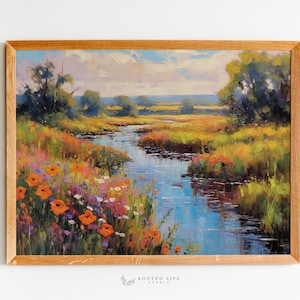 Summer River Landscape | Bright River | Vintage Oil Painting | French Antique Art | Summer Painting Printable | Room Decor Wall Art | TE025