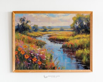 Paisagem do rio de verão | Rio Brilhante | Pintura a óleo vintage | Arte Antiga Francesa | Pintura de verão para impressão | Arte de parede de decoração de quarto | TE025