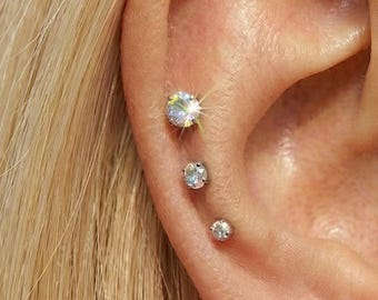 16G,18G,20G Implant Grade Titanium Threadless Round AB CZ Flat Back Earring,Push Pin Labret,Cartilage Tragus Conch Helix,Nose Stud,Silver