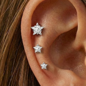 20G,18G,16G Clear CZ Star Flat Back Earring,Titanium Threadless Push Pin Labret,Tragus Stud,Helix Stud,Cartilage Stud,Nose Stud,Conch Stud