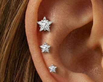 20G,18G,16G Clear CZ Star Flat Back Earring,Titanium Threadless Push Pin Labret,Tragus Stud,Helix Stud,Cartilage Stud,Nose Stud,Conch Stud