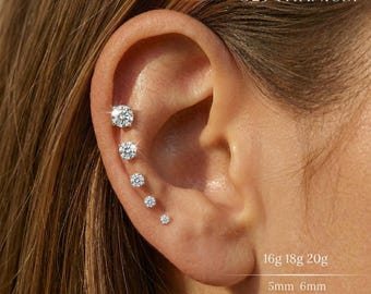 20G,18G,16G Silver Clear CZ Push Pin Labret,Titanium Threadless Flat Back Earring,Tragus Stud,Helix Stud,Cartilage Stud,Nose Stud,Conch Stud