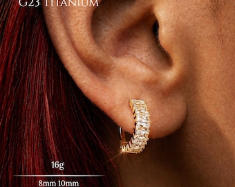 16G Implant Grade Titanium CZ Paved Hoop Earring , Gold Cartilage Helix Conch Tragus Clicker Ring , Crystal Huggie Hoop Minimal Body Jewelry