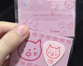 Pink Doodle Cat Guitar Pick with Sardine Can Design, Pastel Practice Pick for Guitar or Bass, Musician Gift,Boyfriend Gift,Cute Gift Idea