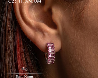 16G Implant Grade Titanium Pink CZ Paved Hoop Earring,Silver Cartilage Helix Conch Tragus Clicker,Nose Septum Crystal Huggie Body Jewelry