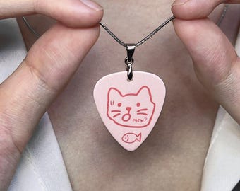 Pink Doodle Cat Guitar Bass Pick Necklace with Message Card,Wearable Playable Chill Pick Gift for Music Lover Birthday,Valentines Day Idea