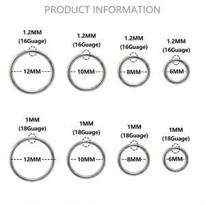 Pode incluir: Uma tabela de informa&ccedil;&otilde;es de produto exibindo oito an&eacute;is de metal prateado em duas fileiras. A fileira superior apresenta an&eacute;is de 1,2 mm (calibre 16) com di&acirc;metros de 12 mm, 10 mm, 8 mm e 6 mm. A fileira inferior mostra an&eacute;is de 1 mm (calibre 18) com di&acirc;metros de 12 mm, 10 mm, 8 mm e 6 mm.