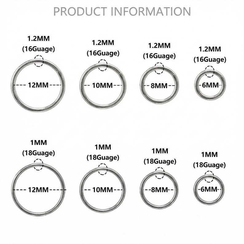 Pode incluir: Uma tabela de informa&ccedil;&otilde;es de produto exibindo oito an&eacute;is de metal prateado em duas fileiras. A fileira superior apresenta an&eacute;is de 1,2 mm (calibre 16) com di&acirc;metros de 12 mm, 10 mm, 8 mm e 6 mm. A fileira inferior mostra an&eacute;is de 1 mm (calibre 18) com di&acirc;metros de 12 mm, 10 mm, 8 mm e 6 mm.