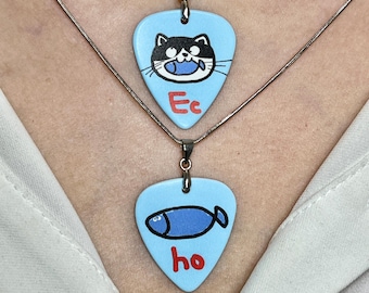 Echo Theme Cat Eating Fish Guitar Pick Necklace Duo Set With Stainless Steel Snake Chain And Message Card,Music Lover Gift , Valentine Gift