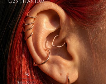 Pendiente de aro en forma de lágrima de titanio de grado implante G23, aro de cartílago en forma de gota de agua de oro rosa, pendiente para hélix, concha y daith, aro minimalista abierto para la nariz