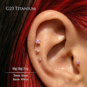Può includere: Primo piano di un orecchio con diversi orecchini in titanio rosa. Il testo "G23 TITANIUM" è in alto. Sotto l'orecchio ci sono le misure: 16g 18g 20g, 5mm 6mm e 8mm 10mm.