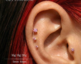 16G,18G,20G Implant Grade Titanium Threadless Pink CZ Flat Back Earring,Push Pin Labret,Cartilage Tragus Conch Helix,Nose Stud,Gold,Silver
