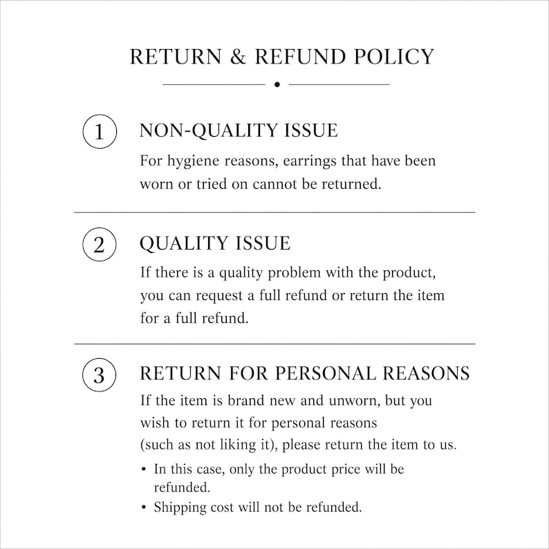 Pode incluir: Um gr&aacute;fico informativo branco intitulado RETURN & REFUND POLICY com tr&ecirc;s se&ccedil;&otilde;es numeradas. A se&ccedil;&atilde;o 1 cobre problemas n&atilde;o relacionados &agrave; qualidade, a se&ccedil;&atilde;o 2 aborda problemas de qualidade e a se&ccedil;&atilde;o 3 detalha devolu&ccedil;&otilde;es pessoais.