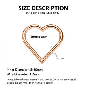 Pode incluir: Um anel em forma de cora&ccedil;&atilde;o de ouro rosa com um segmento articulado. O texto diz SIZE DESCRIPTION, PRODUCT INFORMATION, 8mm/10mm, 16G/1.2mm, Inner Diameter: 8/10mm, Wire Diameter: 1.2mm, e uma nota sobre erros de medi&ccedil;&atilde;o e produ&ccedil;&atilde;o.