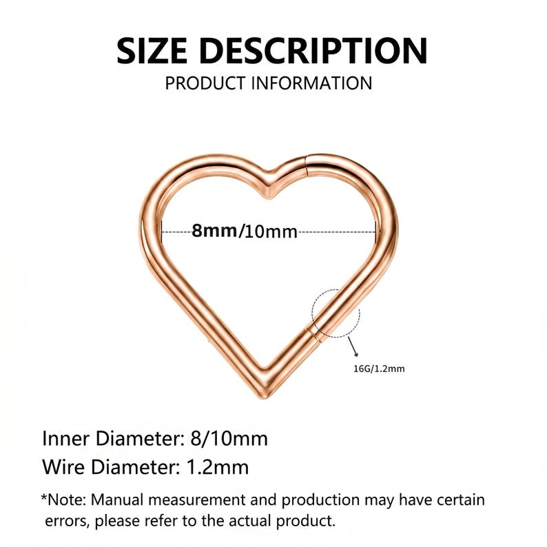 Pode incluir: Um anel em forma de cora&ccedil;&atilde;o de ouro rosa com um segmento articulado. O texto diz SIZE DESCRIPTION, PRODUCT INFORMATION, 8mm/10mm, 16G/1.2mm, Inner Diameter: 8/10mm, Wire Diameter: 1.2mm, e uma nota sobre erros de medi&ccedil;&atilde;o e produ&ccedil;&atilde;o.