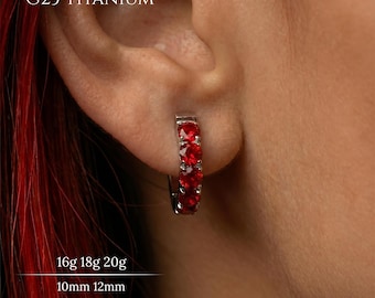 20G,18G,16G G23 Titanium Red CZ Hinged Hoop Ring,10mm,12mm,Septum Clicker,Cartilage Hoop,Helix Earring,Daith Ring,Conch Hoop,Tragus,Lobe