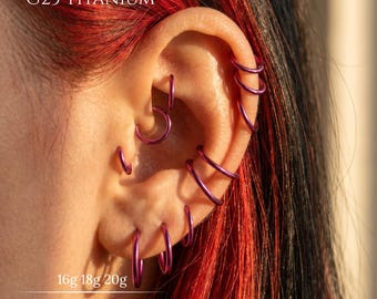 16G 18G 20G Fuchsia Purple Cartilage Hoop,Implant Grade Titanium Hinged Segment,Hand Anodized Helix Tragus Septum Daith Conch,6mm To 14mm