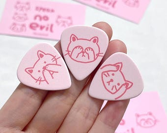 Original See No Evil Hear No Evil Speak No Evil Cat Guitar Picks Set Pink,3 Piece Pick Pack,Gift For Guitarist,Cat Lover Gift,Valentine Gift
