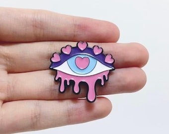 Heart Eye Drip Enamel Pin — Pastel Pink & Navy All-Seeing Eye with Heart Accents | For Jackets, Ita Bags, Backpacks, Valentine Gifts