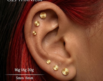 20G,18G,16G G23 Titanium Sunburst Disc Flat Back Earring,Threadless Push Pin Labret,Tragus Helix Cartilage Conch Nose Stud,Gold,Lobe Stud