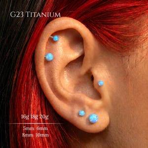 Può includere: Primo piano di un orecchio con piercing multipli. I piercing presentano borchie e barbell di colore azzurro chiaro, simili a opali. Il testo "G23 TITANIUM" è visibile. Sotto l'orecchio sono indicate le misure: 16g 18g 20g, 5mm 6mm e 8mm 10mm.