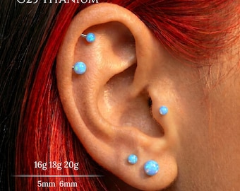 Pendiente de ópalo azul claro de 20G, 18G, 16G con parte trasera plana, labret de titanio de grado implante sin rosca con pasador a presión, cartílago, tragus, concha, hélix, piercing de nariz, daith