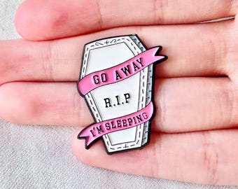 Go Away Coffin Enamel Pin — White Coffin with Pink Ribbons, “I’m Sleeping” | For Jackets, Ita Bags, Backpacks, Pin Boards, Festivals