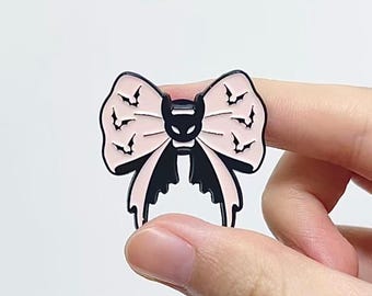 Bat Bow Enamel Pin — Black & Blush Ribbon, Tiny Bat Motif | For Jackets, Ita Bags, Backpacks, Pin Boards, Halloween, Goth Collectors