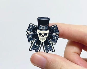 Skull in Top Hat Bow Enamel Pin — Black & Ivory Ribbon, Tiny Skulls Motif | For Jackets, Ita Bags, Pin Boards, Halloween, Goth Collectors