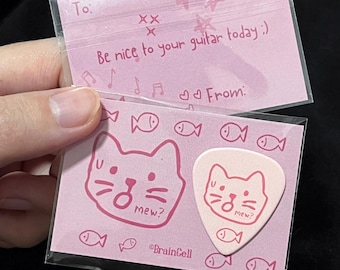Original Pink Cat Doodle Guitar Pick Gift, Cute Art Pick for Guitarist, Funny Pink Gift for Cat Lovers, Hand Drawn Music Pick for Birthday