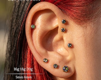 Pendiente plano de titanio G23 AB CZ de 20G, 18G, 16G, labret sin rosca con pasador, pendiente para tragus, pendiente para hélix, pendiente para cartílago, pendiente para nariz, pendiente para concha