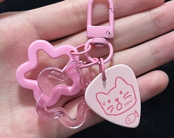 Pink Kitty Guitar Pick Keychain With Swivel Clasp And Acrylic Star Charms,New Year Gift,Gift For Guitarist,Cute Cat Gift,Music Student Gift