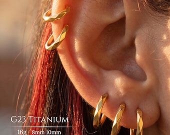 Gold G23 Titanium Hoop,16G Geometric Faceted Earring,Custom Hand Anodized Cartilage Ring,Helix Conch Daith Septum Nose Body Piercing Jewelry