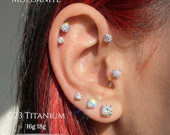 3mm-8mm Hand Anodized Implant Grade Titanium Moissanite Flat Back Stud,Internally Threaded Labret,Cartilage Tragus Helix Conch Nose Earring
