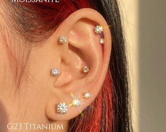 16G,18G Hand Anodized Gold Implant Grade Titanium Moissanite Flat Back Stud,Internally Threaded Labret,Helix Tragus Conch Nose Earring,Lobe