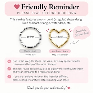 Pode incluir: Um brinco de argola circular prateado e um brinco de argola em forma de cora&ccedil;&atilde;o dourado, ambos marcados com um di&acirc;metro de 10 mm. O gr&aacute;fico inclui texto explicando que formas n&atilde;o redondas podem parecer menores que argolas redondas.