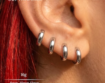 16G Silver Thick Hoop Earring,G23 Implant Grade Titanium Huggie Clicker,Custom Hand Anodized Helix Conch Tragus Lobe,8mm 10mm 12mm,Ear Stack