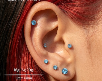 20G,18G,16G Blue CZ Flat Back Earring,Titanium Threadless Push Pin Labret,Tragus Stud,Helix Stud,Cartilage Stud,Nose Stud,Conch Stud,Daith