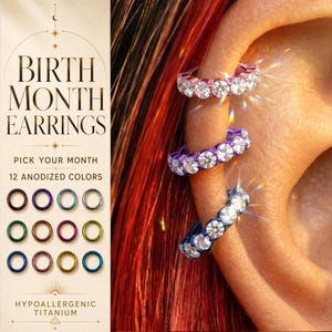 Créoles CZ, mois de naissance, cliquet de cartilage en titane de qualité implantaire G23, anneau hélicoïdal anodisé pour lobe de tragus, 12 couleurs, cadeau d'anniversaire
