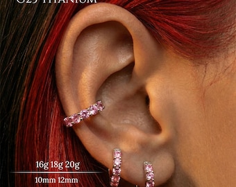 16G 18G 20G Titanium Pink CZ Hinged Hoop Earring,Huggie Hoop,Cartilage Hoop,Helix Hoop,Daith Ring,Conch Hoop,Tragus Hoop,Lobe Hoop,10mm,12mm
