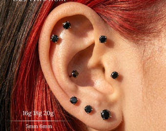 Pendiente plano sin rosca de titanio G23 con circonita cúbica negra de 16G, 18G, 20G, labret con pasador, cartílago del trago/hélix, piercing de nariz, concha, lóbulo de la oreja.