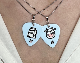 Hand Drawn Cow Milk Guitar Pick Necklace Matching Duo With Celluloid Picks Stainless Steel Snake Chains Message Card Gift Box , Couple Gift