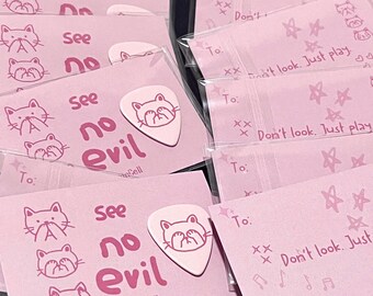 Hand Painted Guitar Pick,See No Evil Cat Pink Line Art,Handmade Glossy Pink Plectrum,Gift for Guitarist,Gift for Cat Lover,Gift for Easter